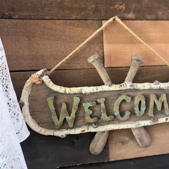 Welcome Sign Birch Wood Style Canoe with Paddles Rustic Lake House Home Decor - Picture 4 of 7